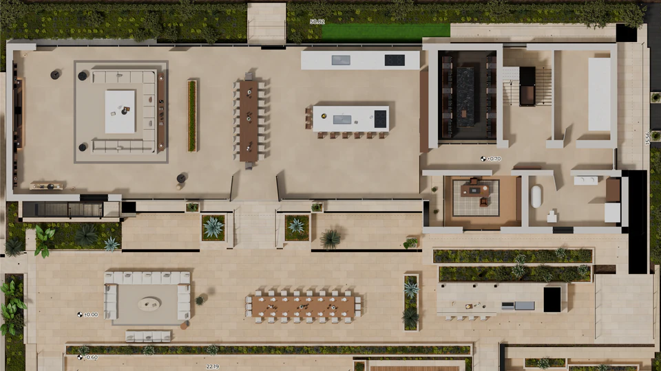 The ground floor of the photoreal floor-plan board, seen from above