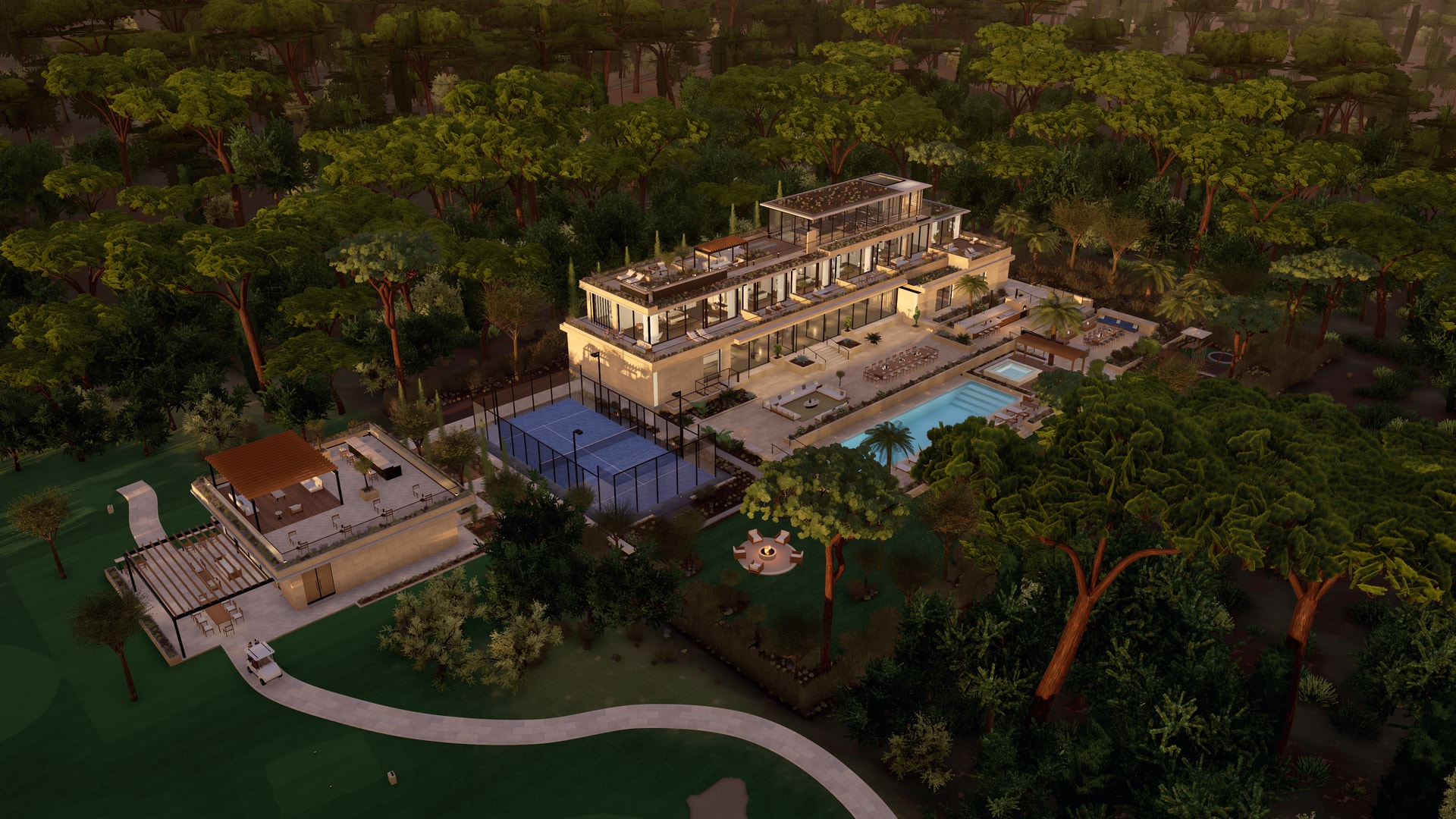 OV Villa at golden hour: the limestone and glass villa above its pool and terraces, in Mediterranean woodland