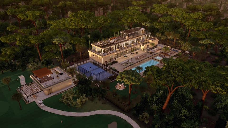 OV Villa at golden hour: the villa, pool, padel court, clubhouse and course