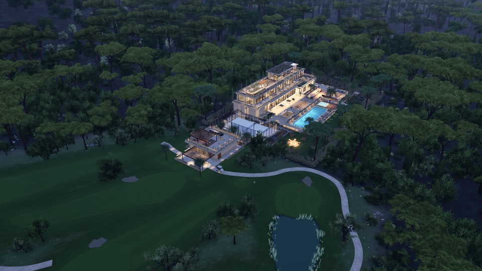 OV Villa at blue hour, every level lit, with the pool and the roof pavilion