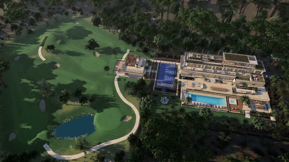 The private six-hole course, the pond and the clubhouse, with the villa beyond
